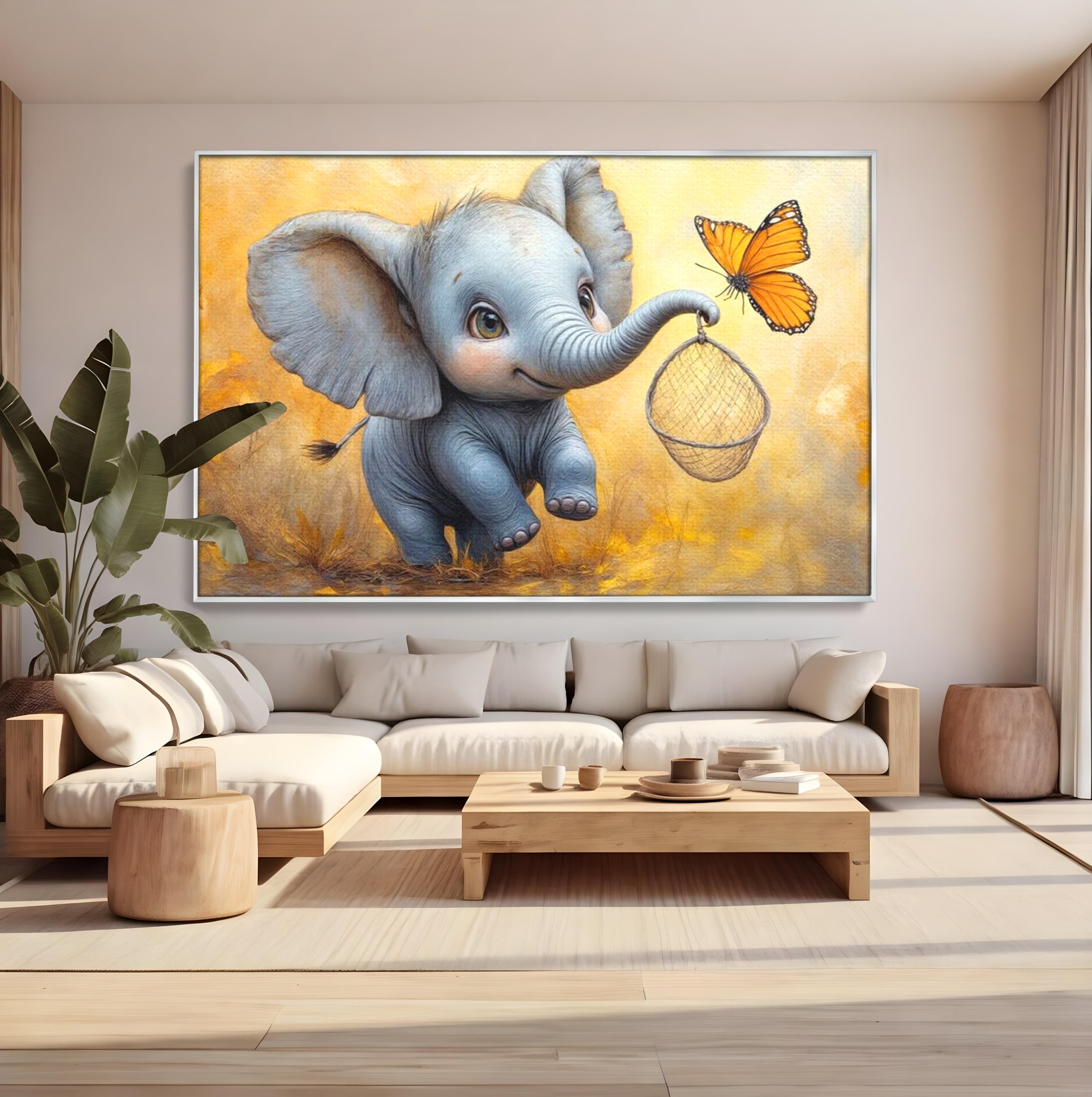 Tablou canvas cu ilustratie cu elefantel si fluture, in rama de aluminiu argintiu, pe perete intr-un living